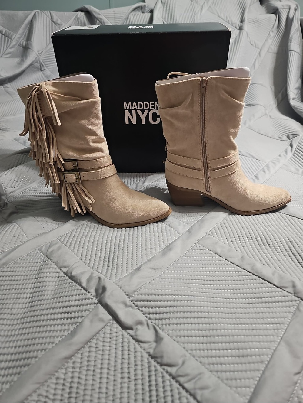 Madden NYC Faux Suede Fringe Western Boots In Sand Women's Size 7 NEW With Box